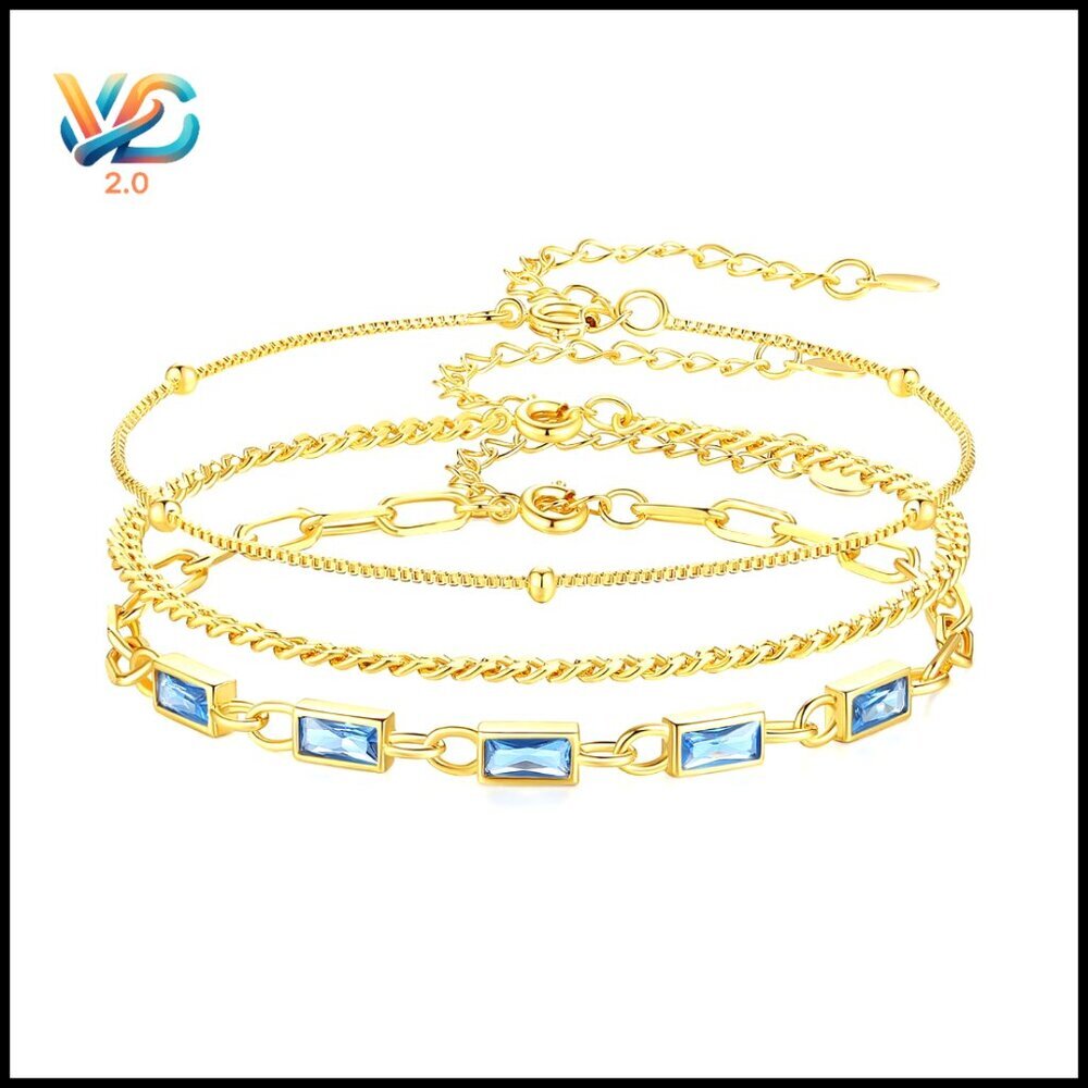18K Gold Plated Layered Charm Bracelet Set, 3-Piece Stackable Birthstone Jewelry